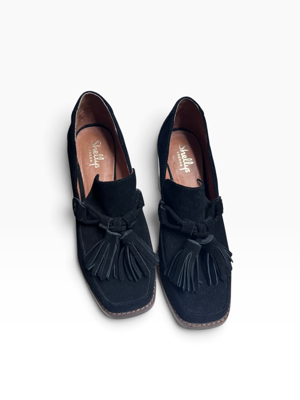 Shellys London Black Suede Tassel Loafers with Square Toe
